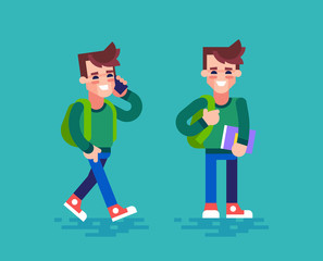 Happy college or university student in different poses. The student holds the book and talking on the phone. Cartoon character set in flat design.