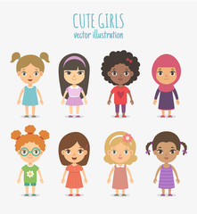 Set of vector cute girls isolated on white background.