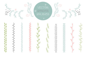 Set of 10 vector Brushes includes hand drawn floral decorative seamless brushes. Geometric border brushes with outer and inner corner tiles. Vector illustration.