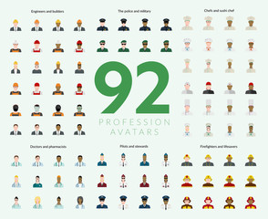 Set of 92 flat profession avatars. Engineers and builders, firefighters and lifesavers, police and military, pilots and stewards, chefs and sushi chef, doctors and pharmacists. Vector illustration.