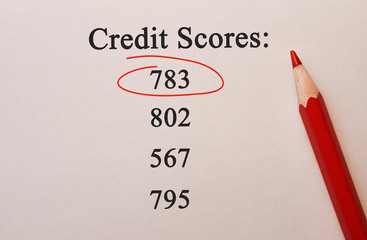 Credit Scores 783 in red circle with pencil on textured paper