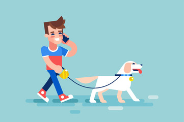 Young man walks his dog and talking on the phone. Modern vector illustration in flat style.