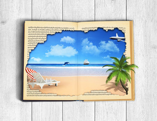 Concept of reading. Open book with picture of rest. Ocean, sky a