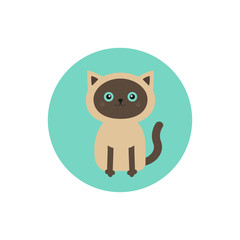 Siamese cat round circle icon in flat design style. Cute cartoon character. Happy sitting kitten with blue eyes. White background. Isolated.