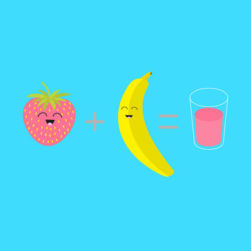 Banana plus strawberry equal fresh glass of juice smoothie shake. Happy fruit set. Cartoon smiling face character with eyes. Friends forever. Isolated Blue background. Flat design