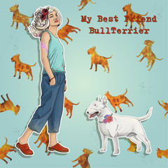 Young woman color hair with white bullterrier best friends