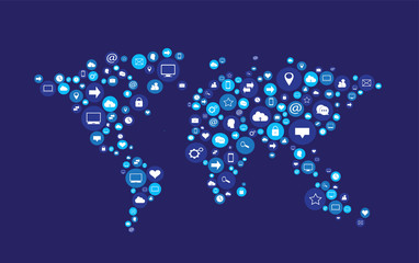 World map vector flat blue infographics with social media icons
