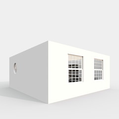 3d exterior rendering perspective view of white cube home apartment with two windows and porthole