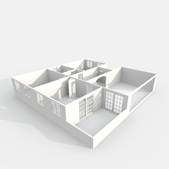 3d interior rendering perspective view of empty paper model home apartment: room, bathroom, bedroom, kitchen, living-room, hall, entrance, door, window, 