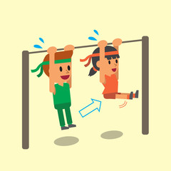 Cartoon a man and a woman doing L hang exercise step training