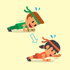 Cartoon a man and a woman doing plank with arm extension exercise step training