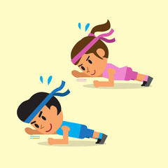 Cartoon a man and a woman doing plank with arm extension exercise