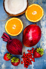 Healthy breakfast food collage. Mango goji berry smoothie recipe