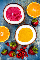 Healthy breakfast fruit smoothie with superfoods.  Mango goji berry smoothie with chia seeds