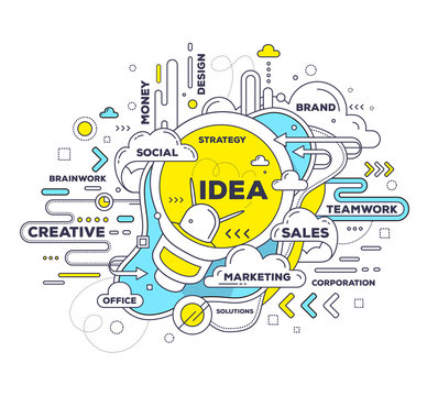 Vector creative illustration of creative idea with light bulb an