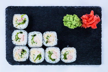 Sushi Set sashimi and sushi rolls. Restaurant food concept.