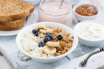 cottage cheese, muesli and fresh fruit for breakfast