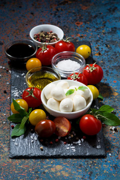 mozzarella, fresh vegetables and spices, vertical