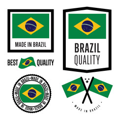 Made in Brazil label set. Vector Brazil flag. Symbol of quality. Manufacturing by Brazil. Tags and sticker collection. Vintage and modern stamp.