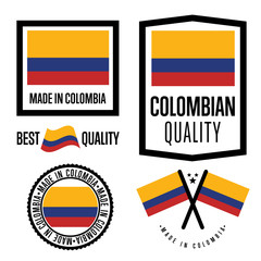 Made in Colombia label set. Vector Colombian flag. Symbol of quality. Manufacturing by Colombia. Tags and sticker collection. Vintage and modern stamp.