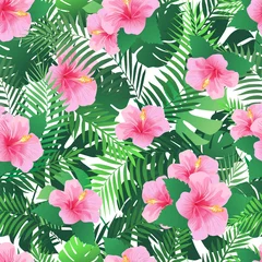 Fotobehang Tropische Bladeren Seamless pattern with exotic hibiscus flowers and palm leaves.  © olechkaart