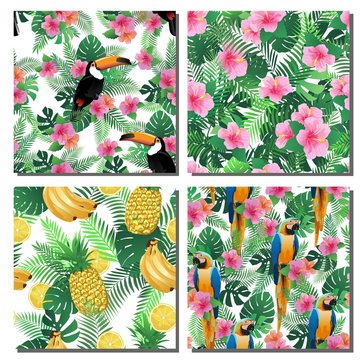 Collection of seamless tropical exotic summer patterns.