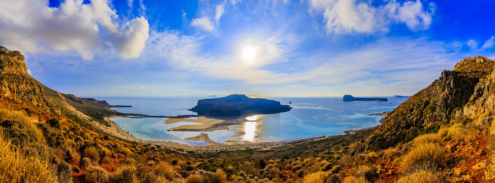 Amazing panorama of Balos Lagoon and Gramvousa island on Crete, Greece
