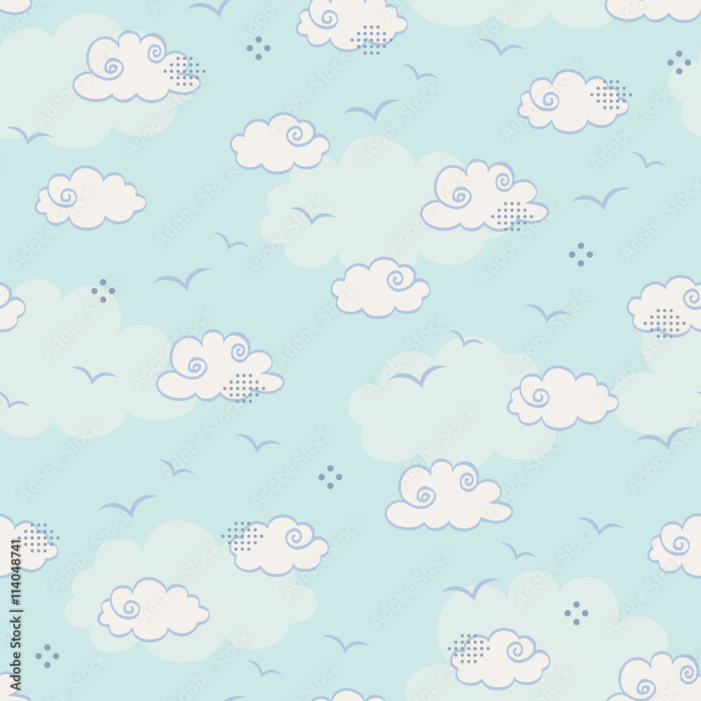 Poster seamless pattern with clouds and birds