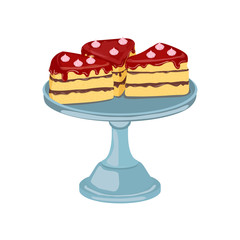 Three pieces of cake. Vector sliced portion of sponge cake with chocolate creamy layer, decorated with cherry cream Isolated image of a delicious tasty cake on white background for menu design, coffee