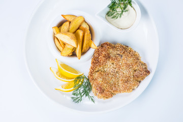 Meal with potato. Restaurant food.
