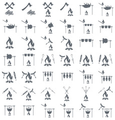 Set of coocing on campfire icons. Vector illustration..