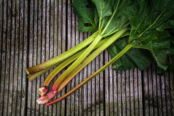 organic rhubarb stalks with leaves on rustic woo, view from above
