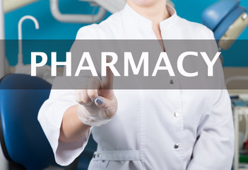 technology, internet and networking in medicine concept - medical doctor presses pharmacy button on...