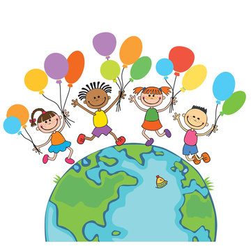 four happy jumping kids round the globe, with balloons isolated background cartoon