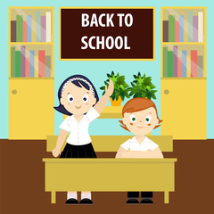 Back to school. The schoolgirl and the schoolboy behind a school Desk. Students in the classroom. Classroom vector illustration. School flat style