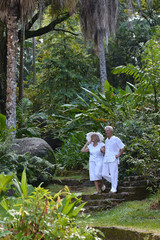 Naklejka na ściany i meble Elderly couple in tropical garden