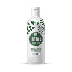 Organic cosmetic brand of lotion vector packaging template, body care product. Realistic bottle mock up isolated on white background.