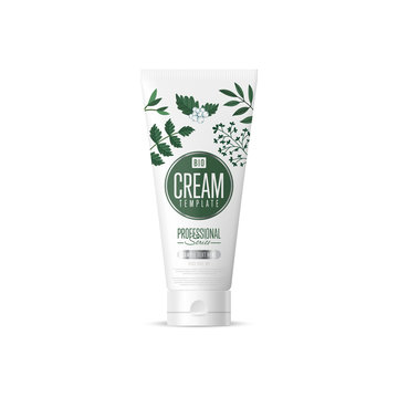 Organic cosmetic brand of cream vector packaging template, body care product. Realistic bottle mock up isolated on white background.