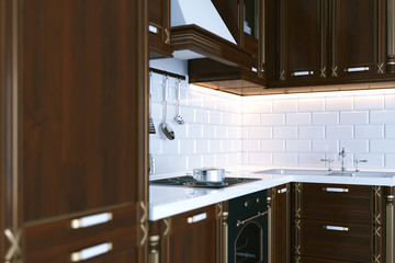 Classic wooden kitchen furniture. Perspective 