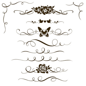 Set of decorative floral elements. Calligraphic dividers, flowers and ornamental silhouettes for your design. 