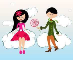 Illustration of cute kids in love sitting on clouds.