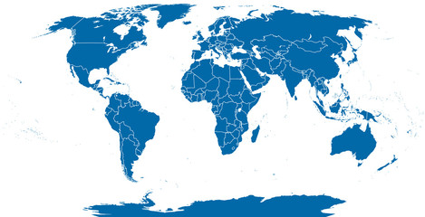 World political map outline. Detailed map of the world with shorelines and national borders under the Robinson projection. Blue illustration on white background. - obrazy, fototapety, plakaty