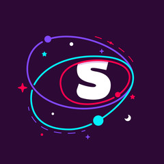 Letter S logo in space orbits, stars and and planets.
