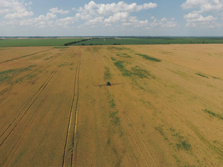 Fototapeta na wymiar Adding herbicide tractor on the field of ripe wheat. View from above.