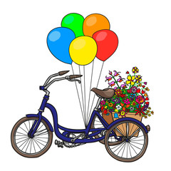 Fototapeta na wymiar hand-drawn bike with flowers and balloons. isolated on white background