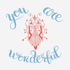 handmade liner drawing of ethnic beetle in flat style with you a