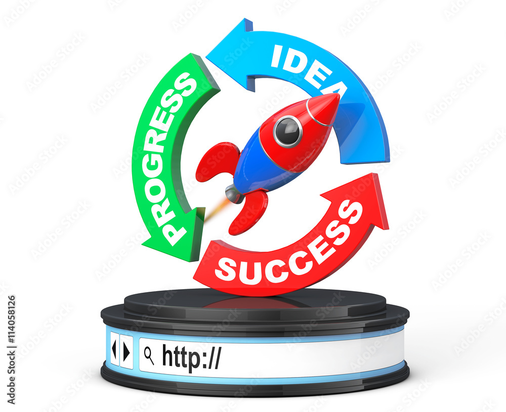 Poster Progress, Idea, Success Arrow Diagram with Rocket over Browser A