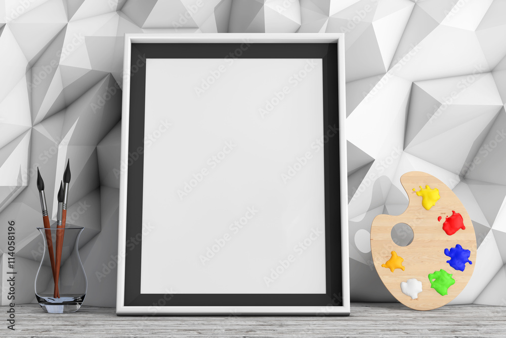 Poster Blank Picture Frame with Paintbrushes and Pallette in front of L