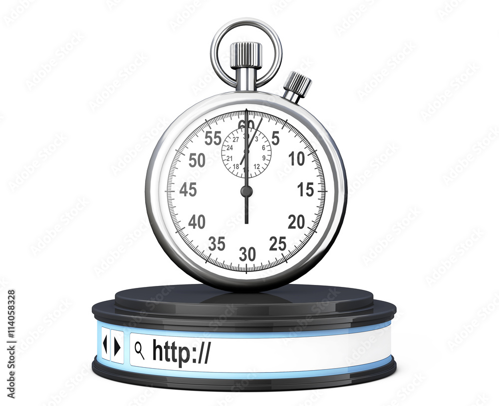 Poster stopwatch over browser address bar as round platform pedestal. 3
