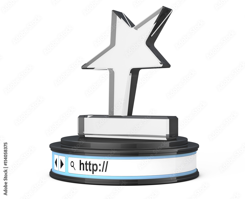 Poster star trophy over browser address bar as round platform pedestal.